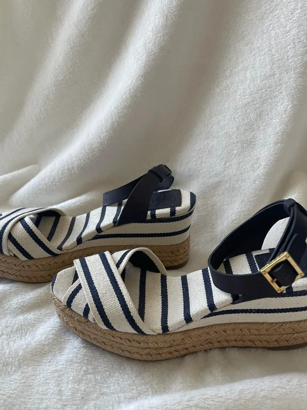 Tory Burch Striped Espadrille Wedge Sandals Navy Cream Size 7